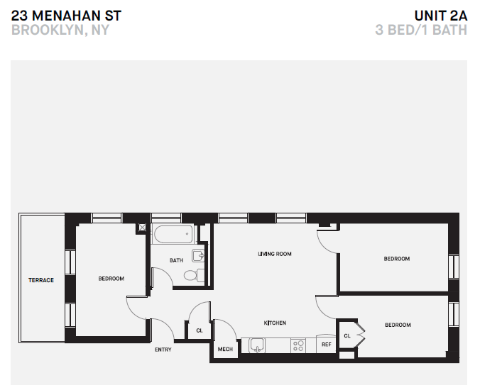 Floor plan for 3 beds, 1 bath, 766 sqft