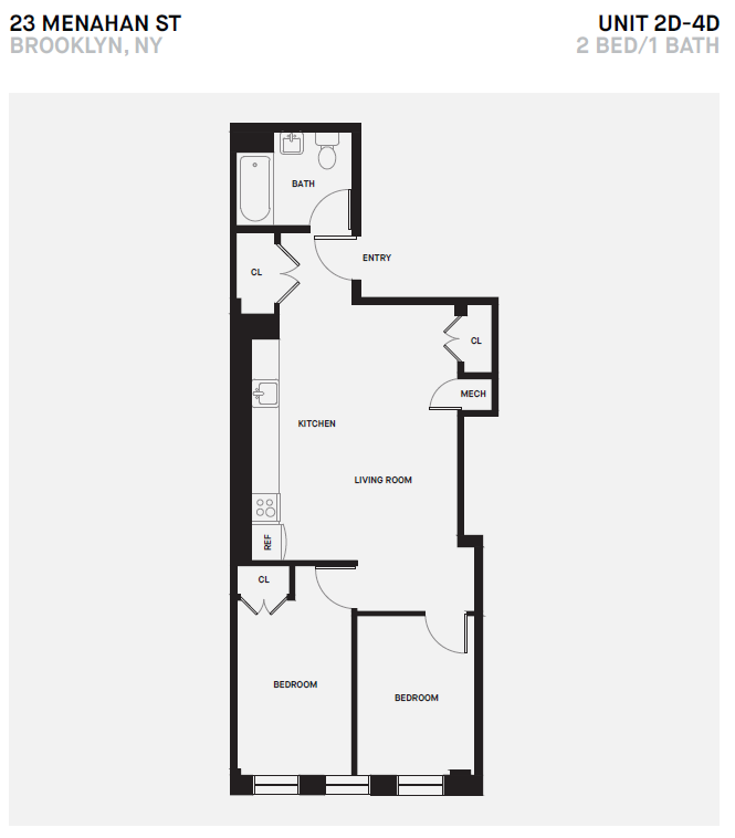 Floor plan for 2 beds, 1 bath, 639 sqft