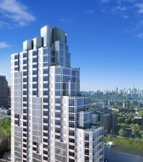 Brooklyn apartment for rent - an aerial view of a tall skyscraper with a city in the background