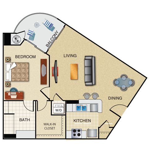 Floor plan for 1 bed, 1 bath, 852 sqft
