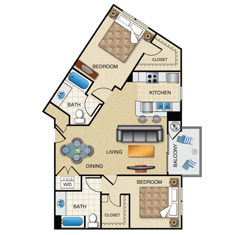 Floor plan for 2 beds, 2 baths, 1137 sqft