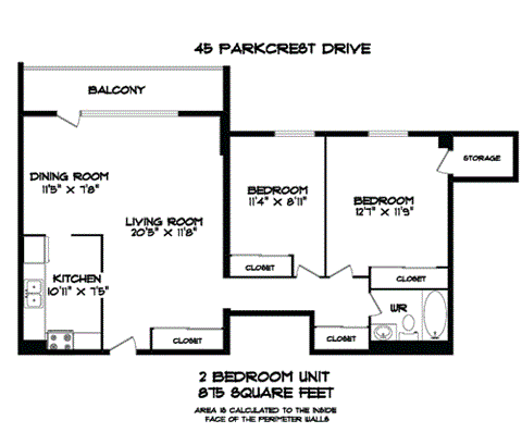 Floor plan for 2 beds, 1 bath, 875 sqft
