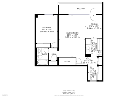 Floor plan for 1 bed, 1 bath, 688 sqft