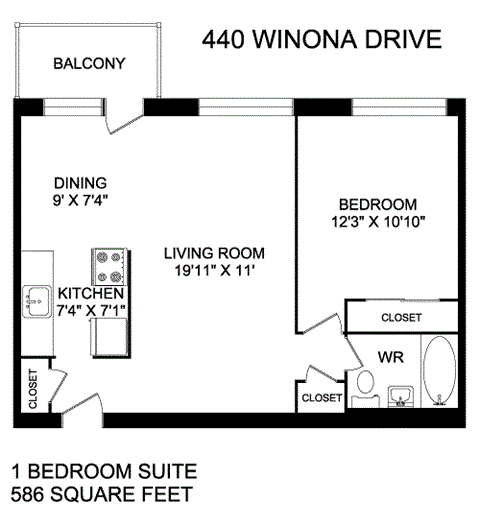 Floor plan for 1 bed, 1 bath