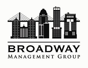 Louisville apartment for rent - A black and white image of a city skyline with the words "Broadway Management Group" written below it.