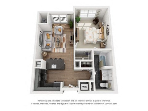 Floor plan for 1 bed, 1 bath, 716 sqft