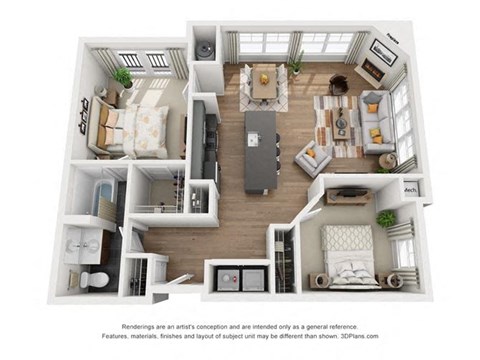 Floor plan for 1 bed, 1 bath, 986 sqft