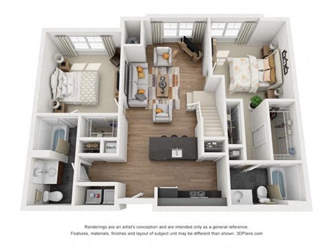 Floor plan for 2 beds, 2 baths, 1207 sqft