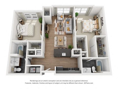 Floor plan for 2 beds, 2 baths, 1083 sqft