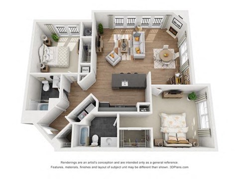 Floor plan for 2 beds, 2 baths, 1296 sqft