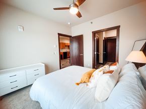 Watertown apartment for rent - A bedroom with a white bed and a ceiling fan.