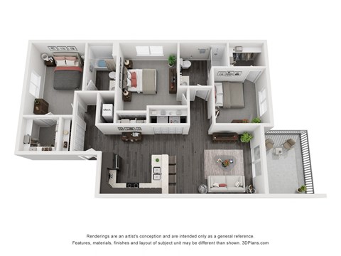 Floor plan for 3 beds, 2 baths, 1265 sqft