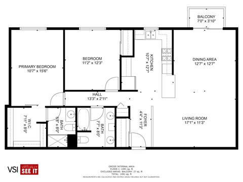 Floor plan for 2 beds, 2 baths, 1100 sqft