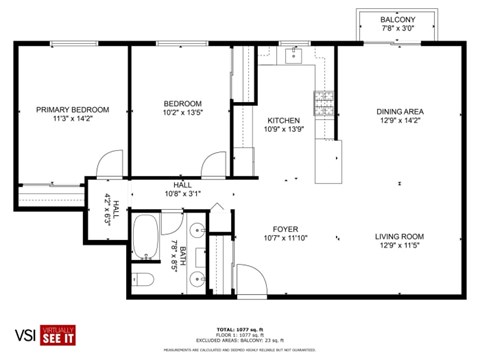 Floor plan for 2 beds, 1 bath, 1100 sqft