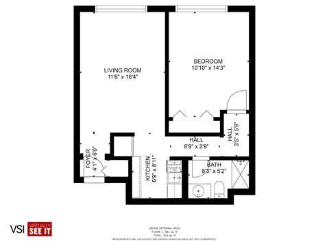Floor plan for 1 bed, 1 bath, 600 sqft