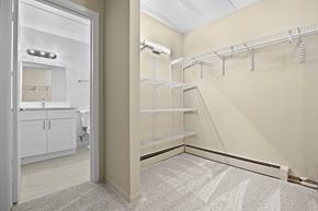 North Riverside apartment for rent - A white closet with shelves and a white door.
