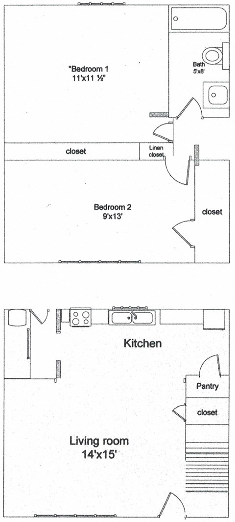 Floor plan for 2 beds, 1 bath, 763 sqft
