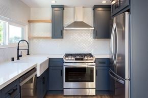 San Diego house for rent - a kitchen with stainless steel appliances and blue cabinets