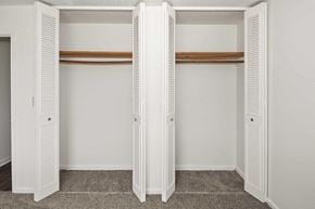 Louisville apartment for rent - A white closet with a carpeted floor and two shelves.