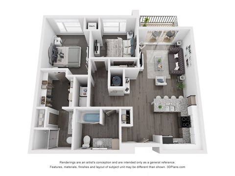 Floor plan for 2 beds, 2 baths, 977 sqft