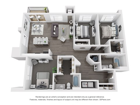Floor plan for 3 beds, 2 baths, 1378 sqft