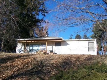 Pullman apartment for rent - A white house with a brown roof is surrounded by trees.
