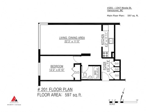 Floor plan for 1 bed, 1 bath, 597 sqft