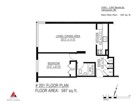 Floor plan for 1 bed, 1 bath, 597 sqft