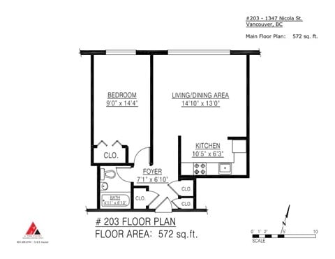 Floor plan for 1 bed, 1 bath, 572 sqft