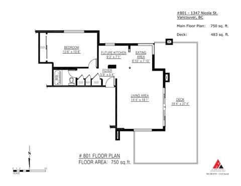 Floor plan for 1 bed, 1 bath, 750 sqft