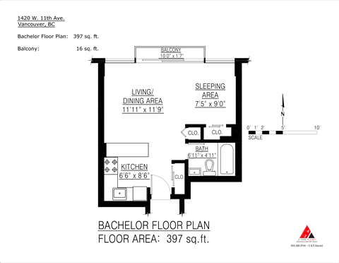 Floor plan for studio, 1 bath, 397 sqft