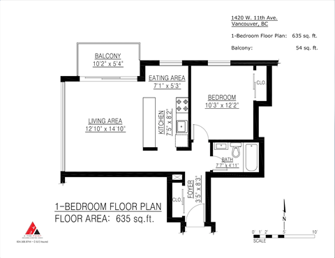 Floor plan for 1 bed, 1 bath, 635 sqft
