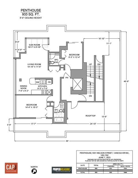 Floor plan for 2 beds, 2 baths, 933 sqft