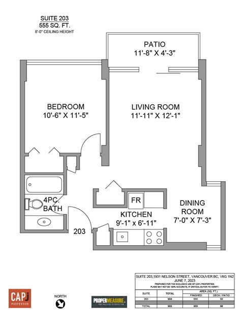 Floor plan for 1 bed, 1 bath, 555 sqft