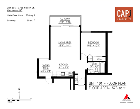 Floor plan for 1 bed, 1 bath, 578 sqft