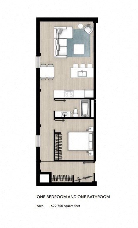Floor plan for 1 bed, 1 bath, 563 sqft