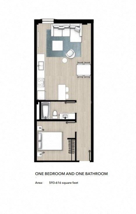 Floor plan for 1 bed, 1 bath, 563 sqft