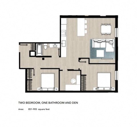 Floor plan for 2 beds, 1 bath, 861 sqft