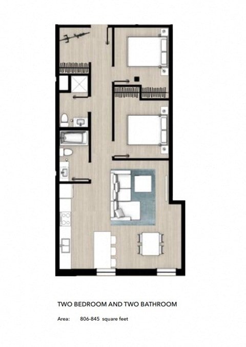 Floor plan for 2 beds, 2 baths, 773 sqft