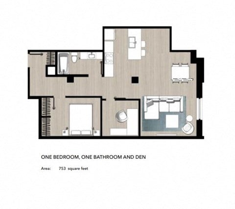 Floor plan for 1 bed, 1 bath, 600 sqft