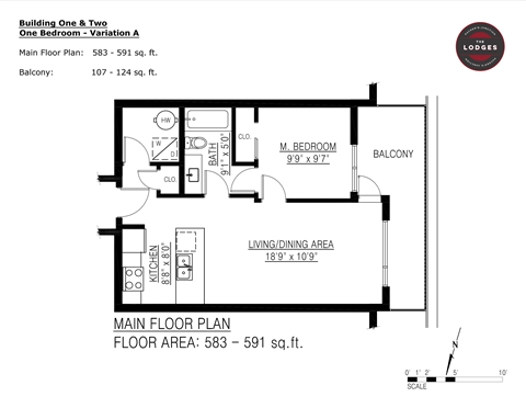Floor plan for 1 bed, 1 bath, 583 sqft