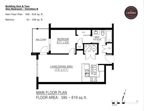 Floor plan for 1 bed, 1 bath, 615 sqft