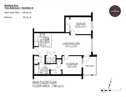 Floor plan for 2 beds, 1 bath, 748 sqft
