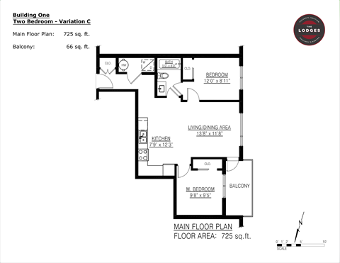 Floor plan for 2 beds, 1 bath, 725 sqft