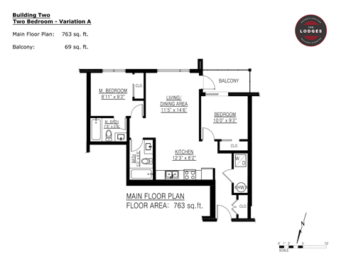 Floor plan for 2 beds, 2 baths, 763 sqft