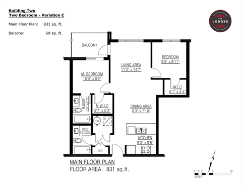Floor plan for 2 beds, 2 baths, 831 sqft