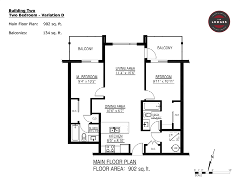 Floor plan for 2 beds, 2 baths, 902 sqft