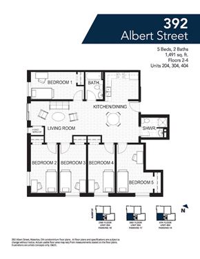 Waterloo apartment for rent - A floor plan for a 392 Albert Street shows 5 bedrooms, 2 bathrooms, and a living room.