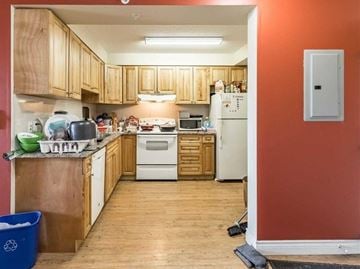 Waterloo apartment for rent - A kitchen with wooden cabinets and a white refrigerator.