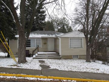 Pullman apartment for rent - A house with a grey siding and a brown roof is surrounded by bare trees and has a small snow-covered patch on the ground.